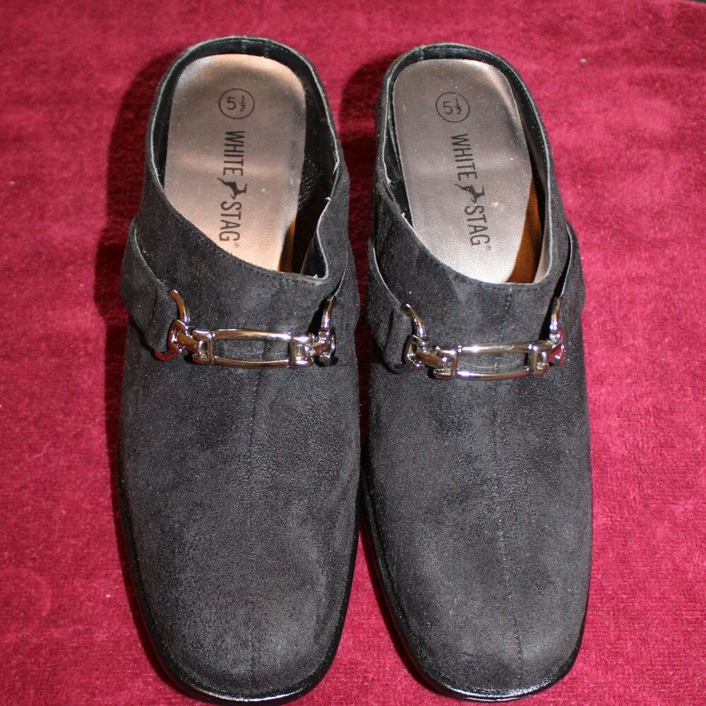 White Stag Closed Toe Black Velour Mules with 2 inch heel